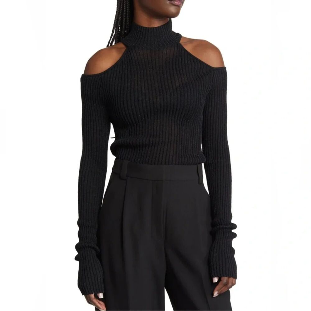 & Other Stories Black Sparkly Cold Shoulder Ribbed Mock Neck Top XS EUC